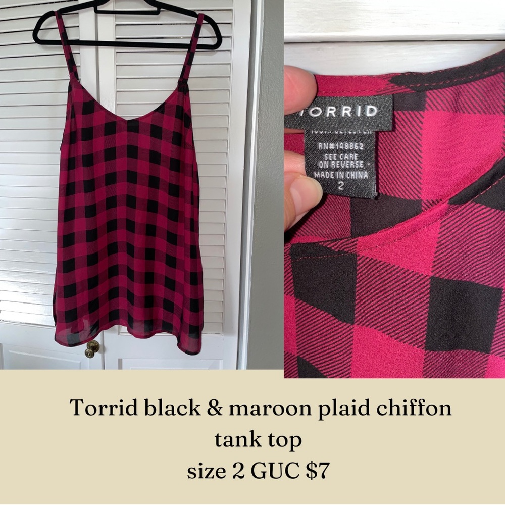 Torrid back and maroon plaid tank top.